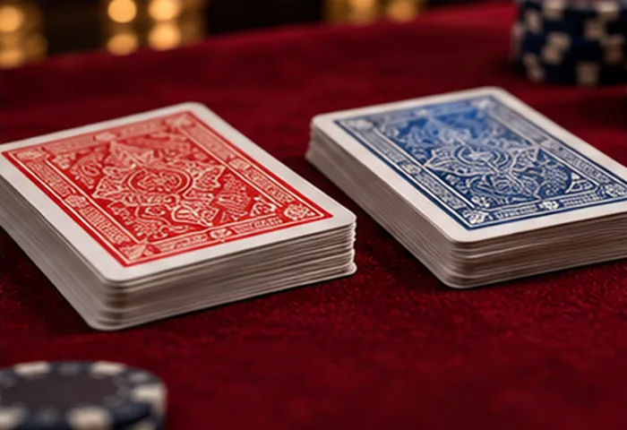 Two decks of playing cards on a red felt surface