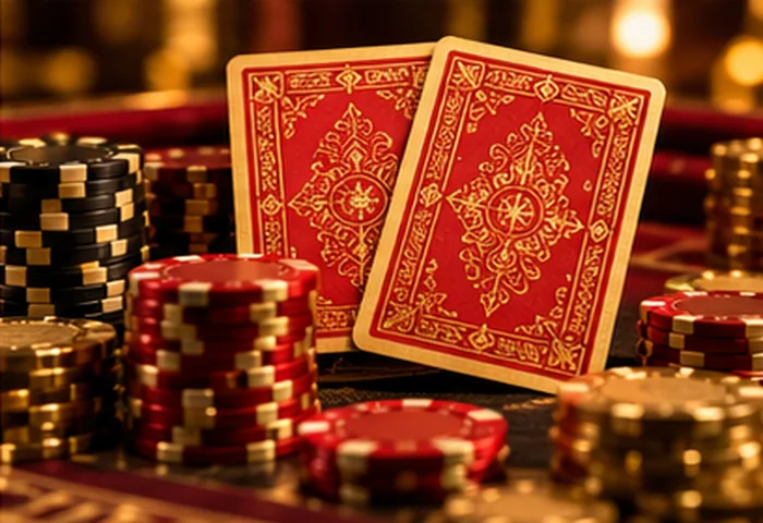Decorative red-backed playing cards and poker chips