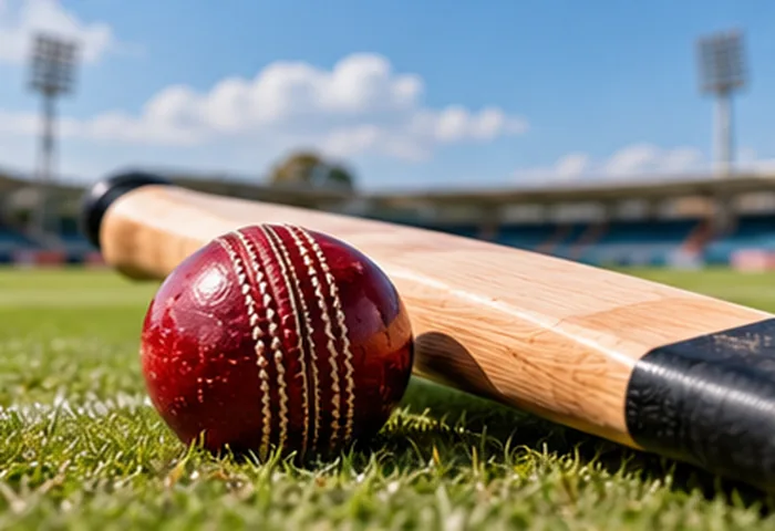 Cricket bat and red ball on a field