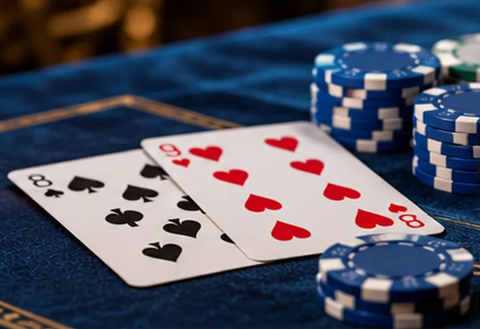 Playing cards and blue poker chips