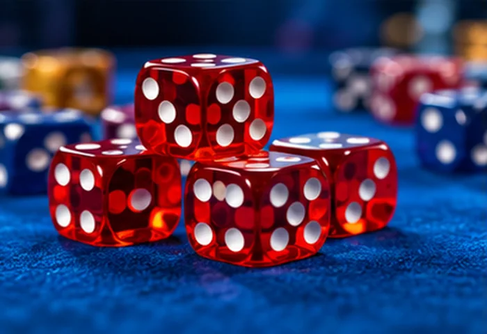 Red translucent dice on blue felt