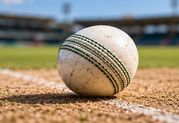 Close-up cricket ball near boundary field