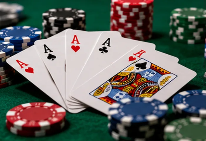 A set of playing cards and coloured chips on a green felt table